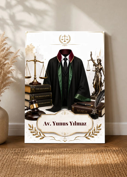Kişiye Özel Avukat Kanvas Tablosu – terazi ve hukuk simgeleriyle avukat temalı tasarım, çerçevesiz kanvas tablo, duvara yaslı