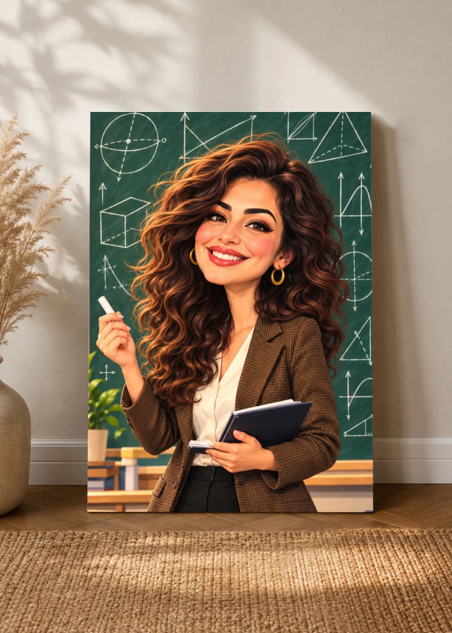 Kişiye Özel Öğretmen Karikatürü Kanvas Tablosu