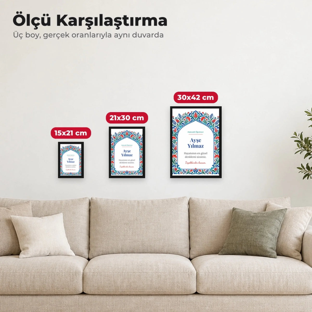 15x21, 21x30 ve 30x42 cm ölçü karşılaştırması