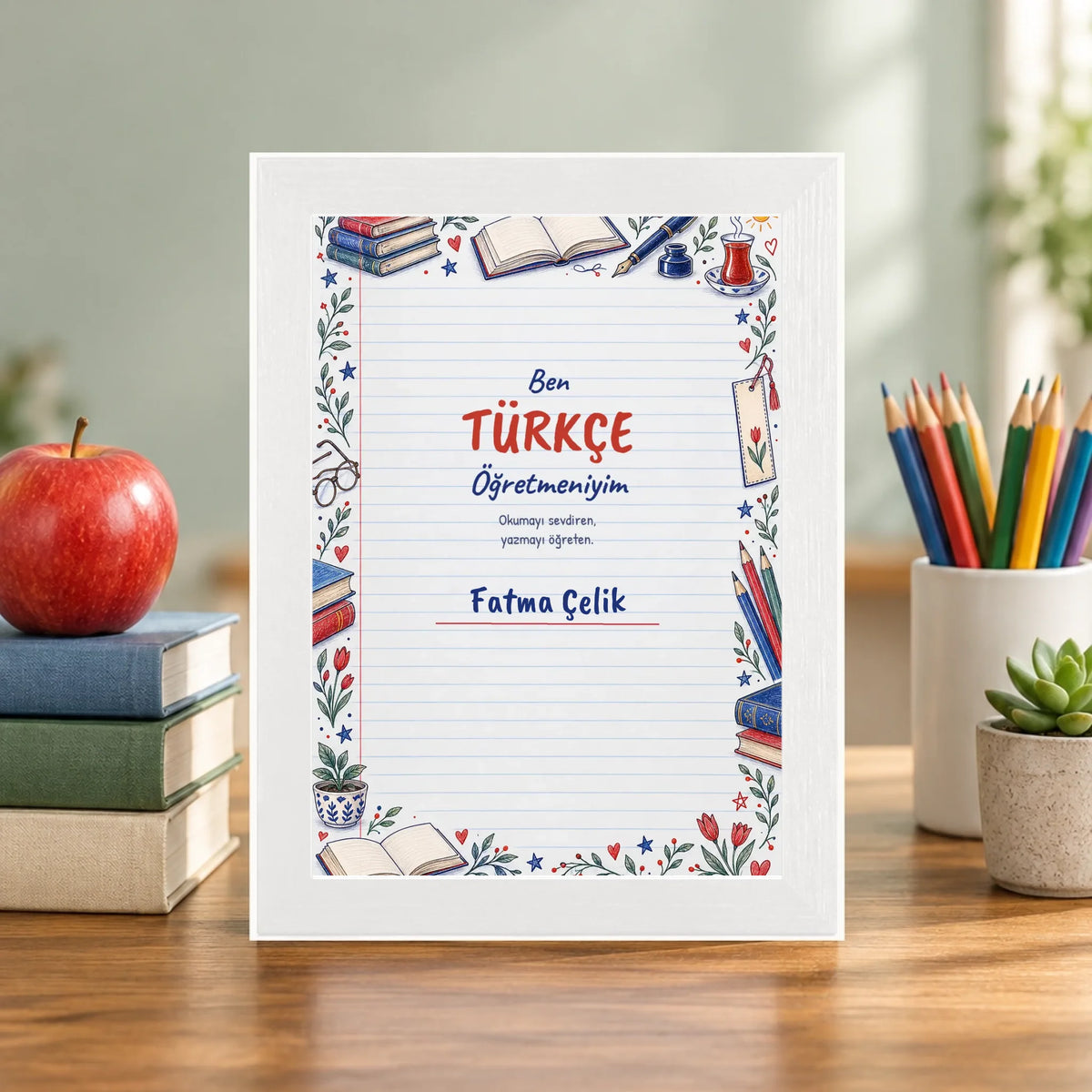 Öğretmen masasında – beyaz